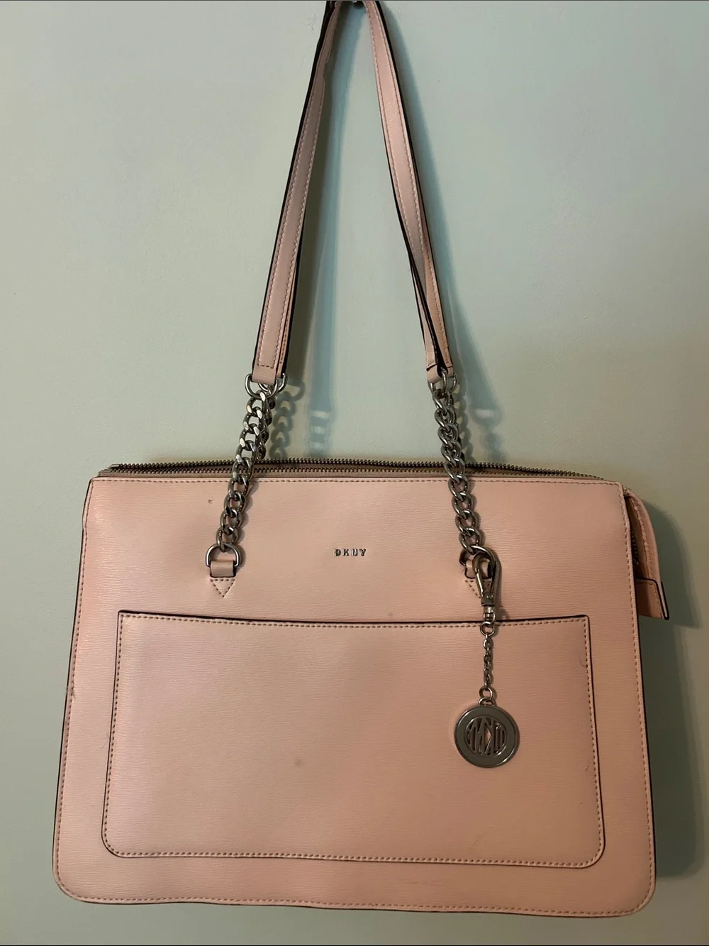 DKNY Cream Leather Tote with Chain-Trim Handles